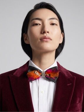 Hand Crafted Black Bow Tie with Orange and Pink Feather Detail
